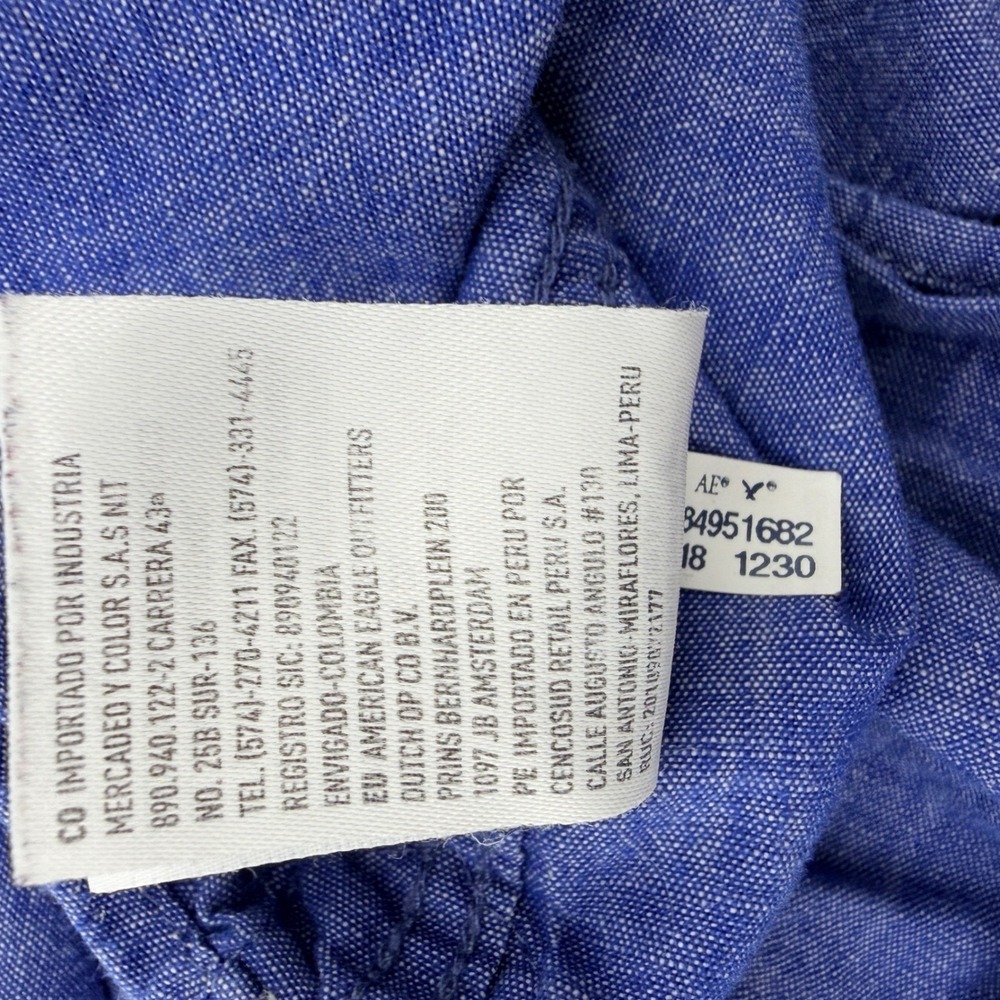 American Eagle Shirt Mens L Blue Geometric Slim Cotton Chambray Short Sleeve - Picture 8 of 12